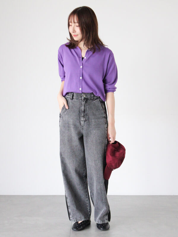 セール】 衿付き7分袖カーディガン（オフホワイト/チャコールグレー