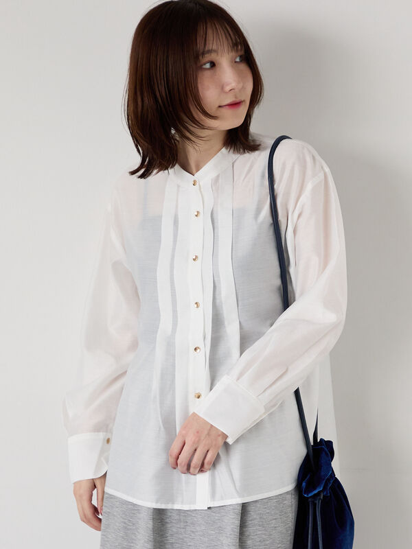 セール】 フロントタック入りシアーシャツ（オフホワイト/グレー