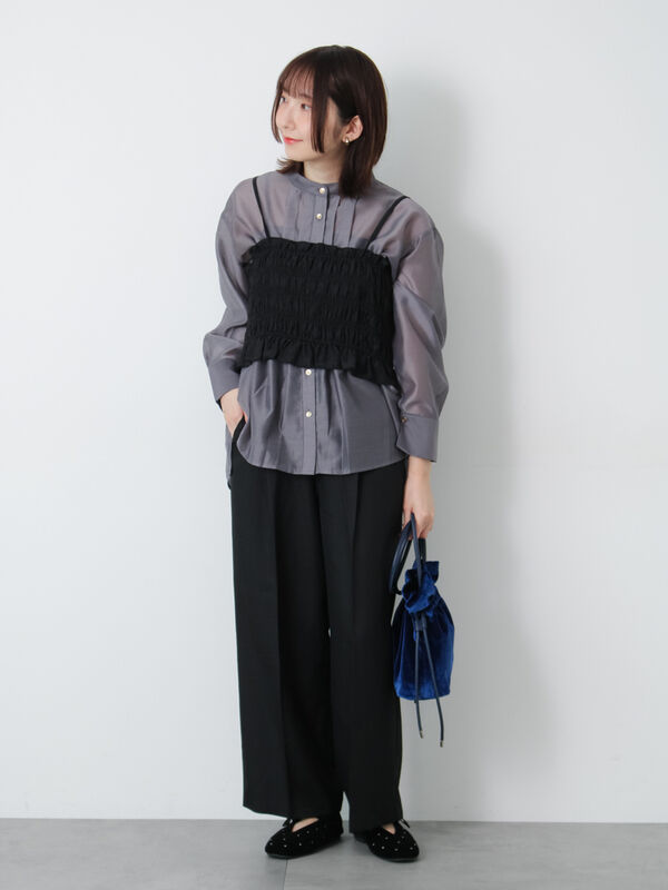 セール】 フロントタック入りシアーシャツ（オフホワイト/グレー