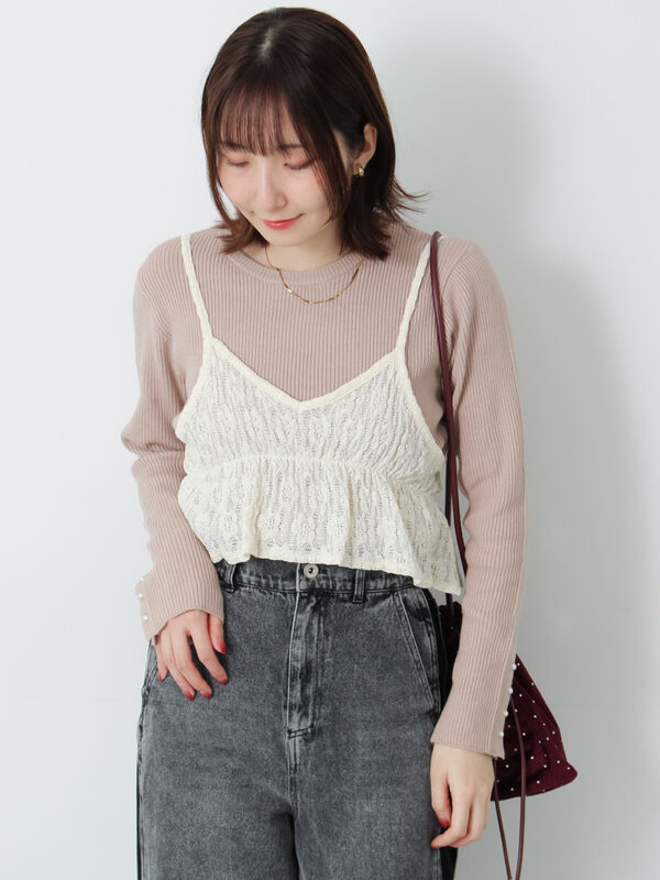 セール】 袖口釦クルーネックリブニット（オフホワイト/ブラック