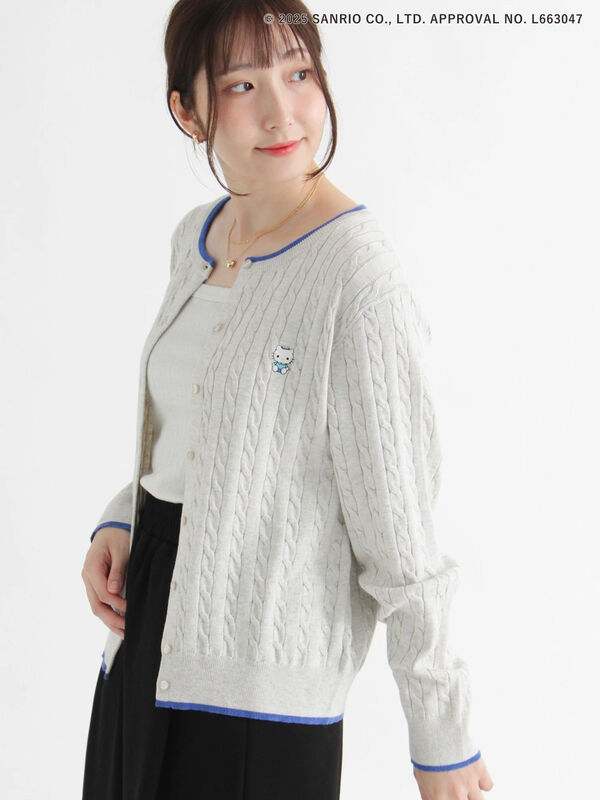 HELLO KITTY】刺繍入りケーブルカーディガン（グレー/レッド/ベージュ