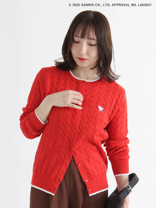 HELLO KITTY】刺繍入りケーブルカーディガン（グレー/レッド/ベージュ