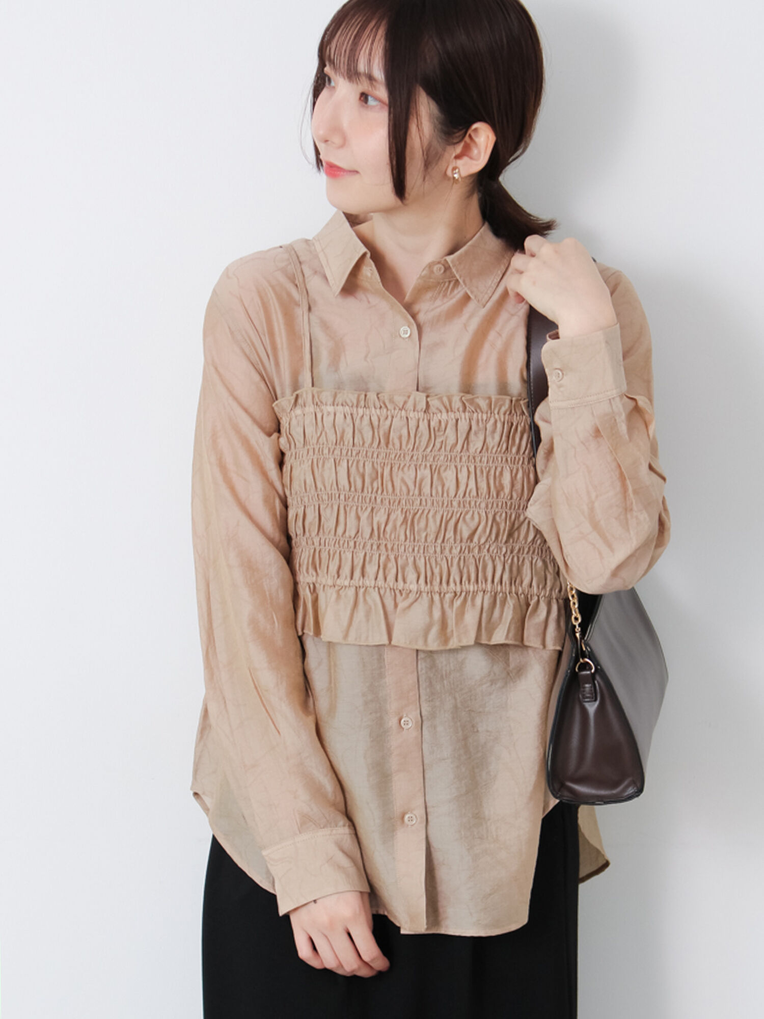 シアージャガードビスチェセットシャツ（ブラック/モカ/ブルー