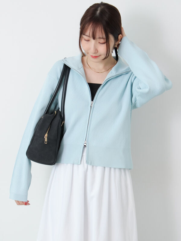 セール】 Wジップハイネックリブカーディガン（オフホワイト/ブラック