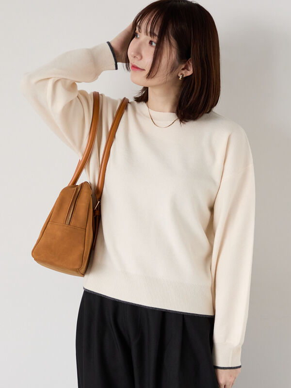 セール】 もちもちミラノリブ配色クルーネックニット（オフホワイト