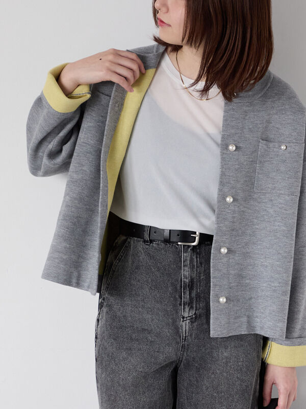 パール釦バイカラーニットカーディガン（オフホワイト/グレー/ベージュ