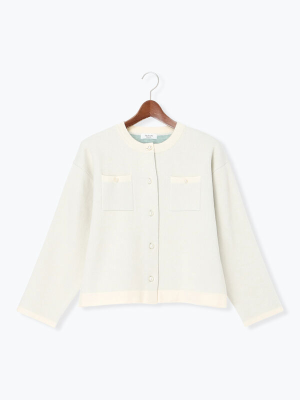 パール釦バイカラーニットカーディガン（オフホワイト/グレー/ベージュ