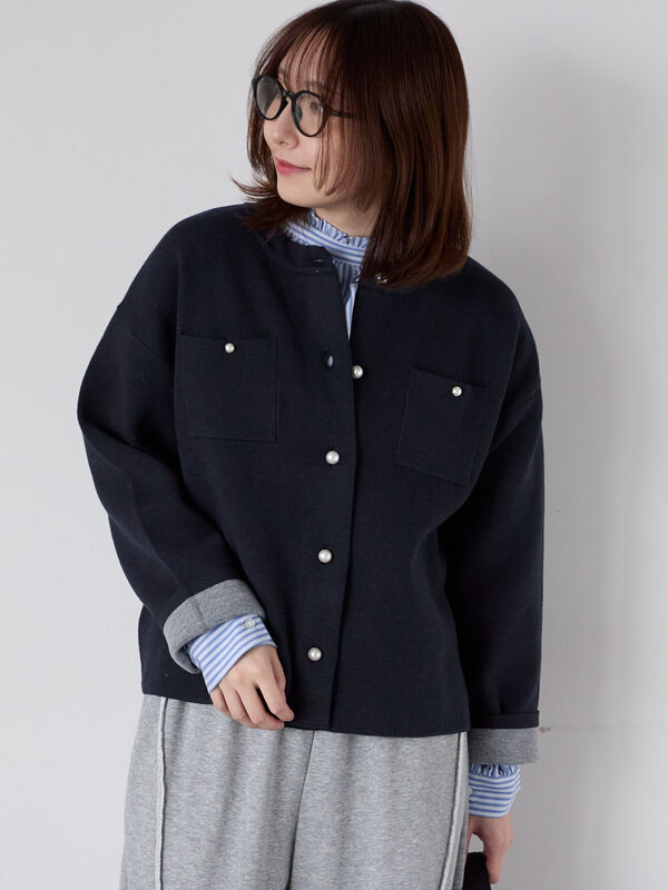 テチチ　バイカラー　カーディガン パール釦バイカラーニットカーディガン（オフホワイト/グレー/ベージュ