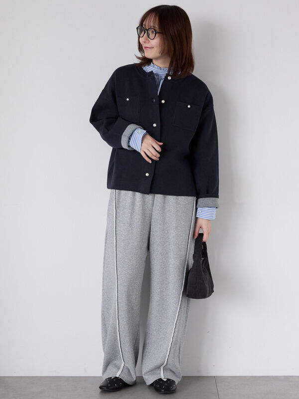 パール釦バイカラーニットカーディガン（オフホワイト/グレー/ベージュ