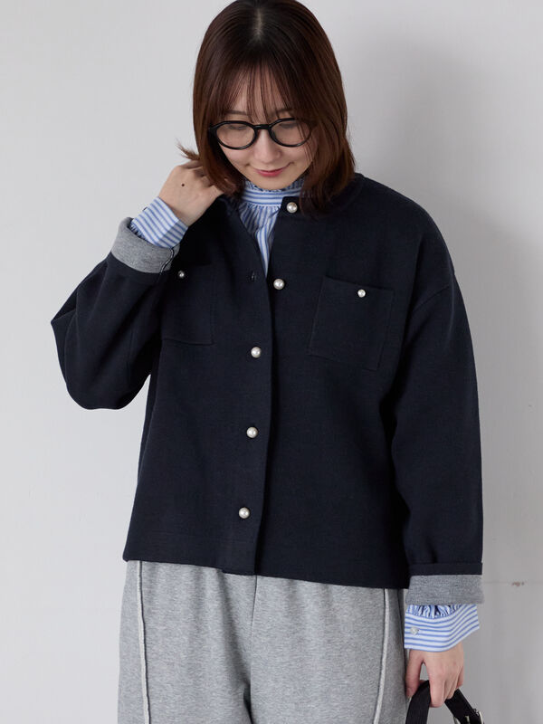 パール釦バイカラーニットカーディガン（オフホワイト/グレー/ベージュ