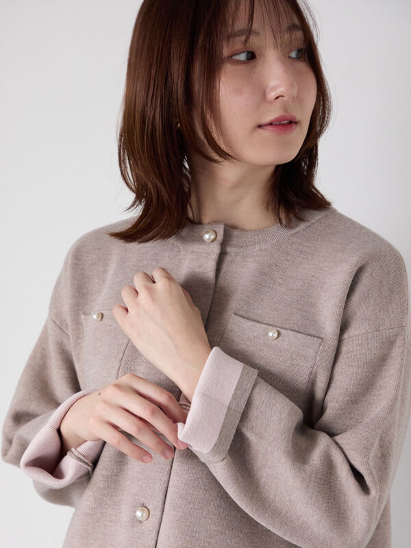 パール釦バイカラーニットカーディガン（オフホワイト/グレー/ベージュ