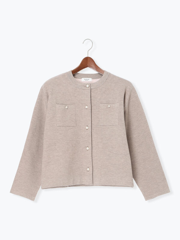 パール釦バイカラーニットカーディガン（オフホワイト/グレー/ベージュ