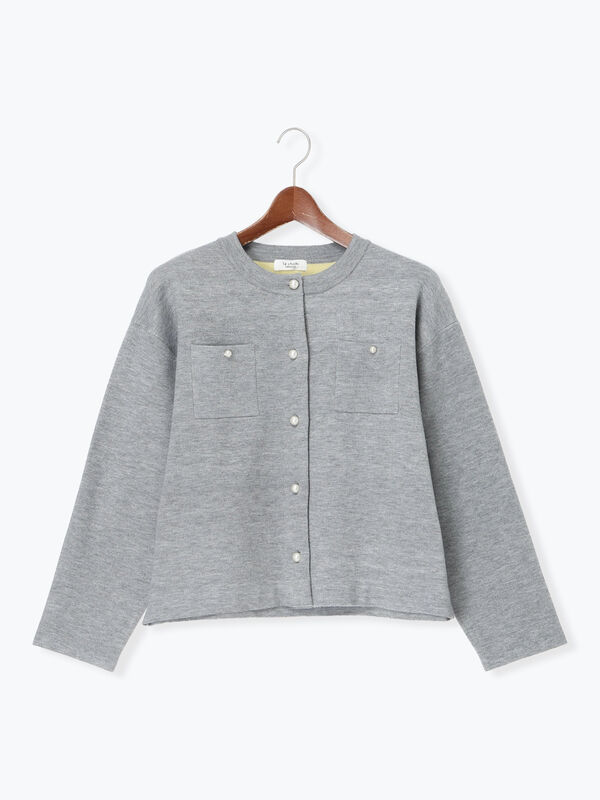 パール釦バイカラーニットカーディガン（オフホワイト/グレー/ベージュ