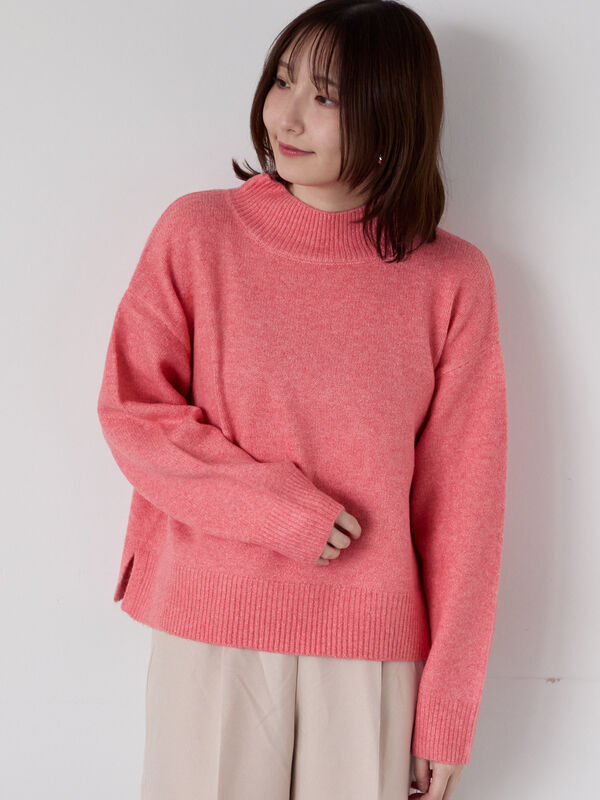 セール】 もちもちメランジボトルネックニット（オフホワイト/グレー