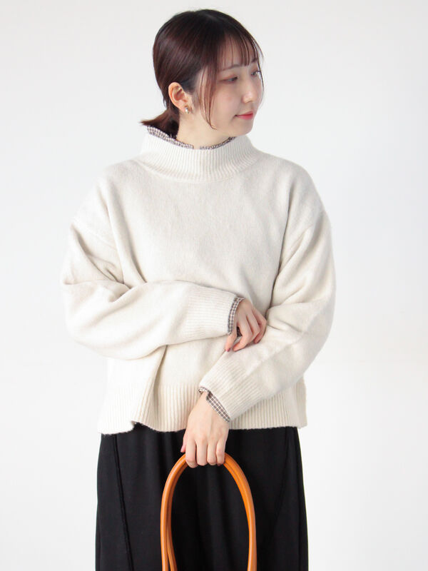 セール】 もちもちメランジボトルネックニット（オフホワイト/グレー