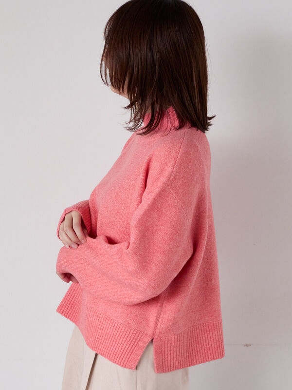 セール】 もちもちメランジボトルネックニット（オフホワイト/グレー