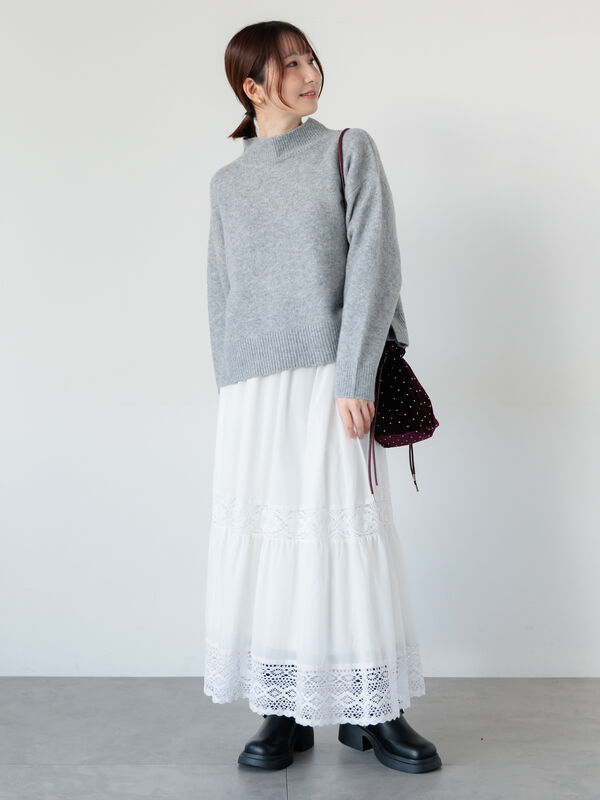 セール】 もちもちメランジボトルネックニット（オフホワイト/グレー