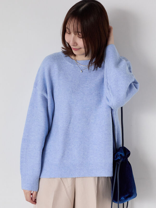 もちもちメランジクルーネックニット（オフホワイト/グレー/ブラック