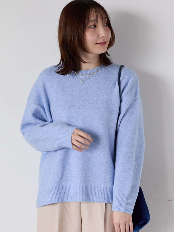 セール】 もちもちメランジクルーネックニット（オフホワイト/グレー