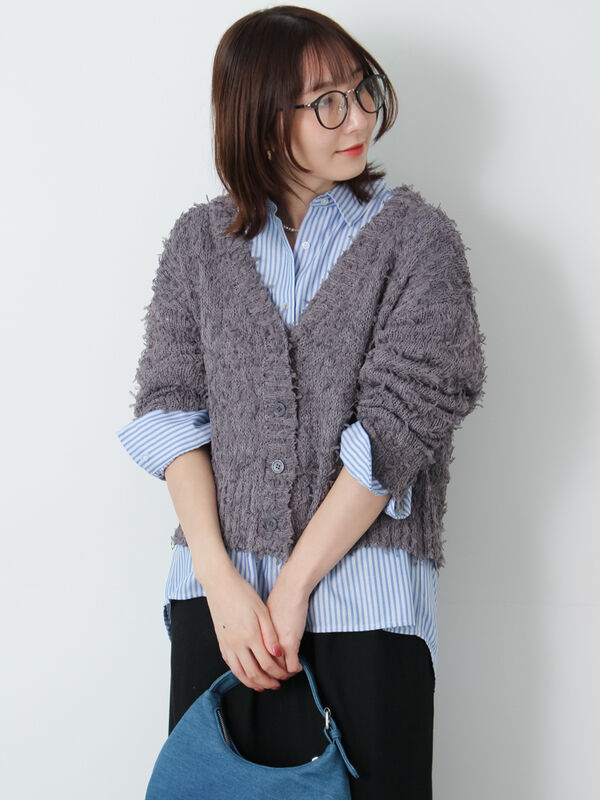 セール】 Vネックチュールフリンジカーディガン（オフホワイト/グレー