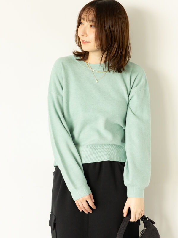 もちもちミラノリブクロップドクルーネックニット（グレー/ブラック