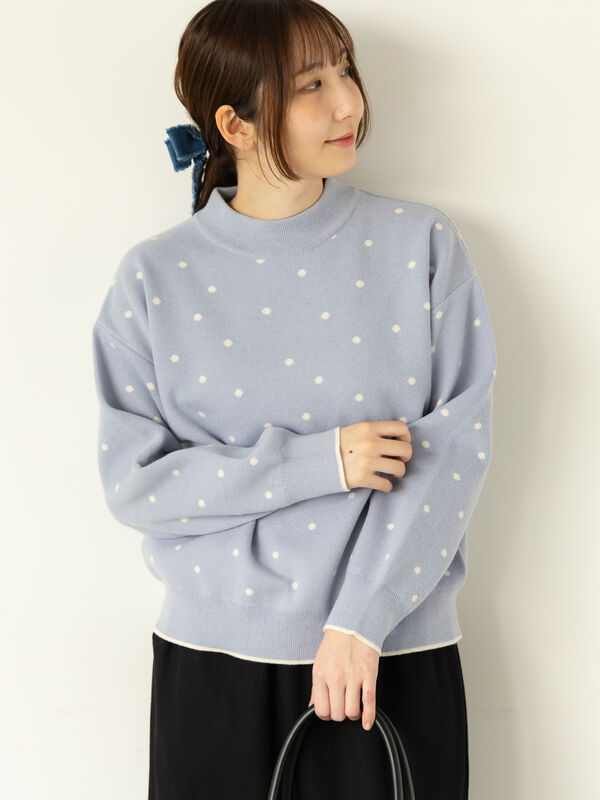 よねっち ドットジャカードハイネックニット（グレー/モカ/ブルー/トップス
