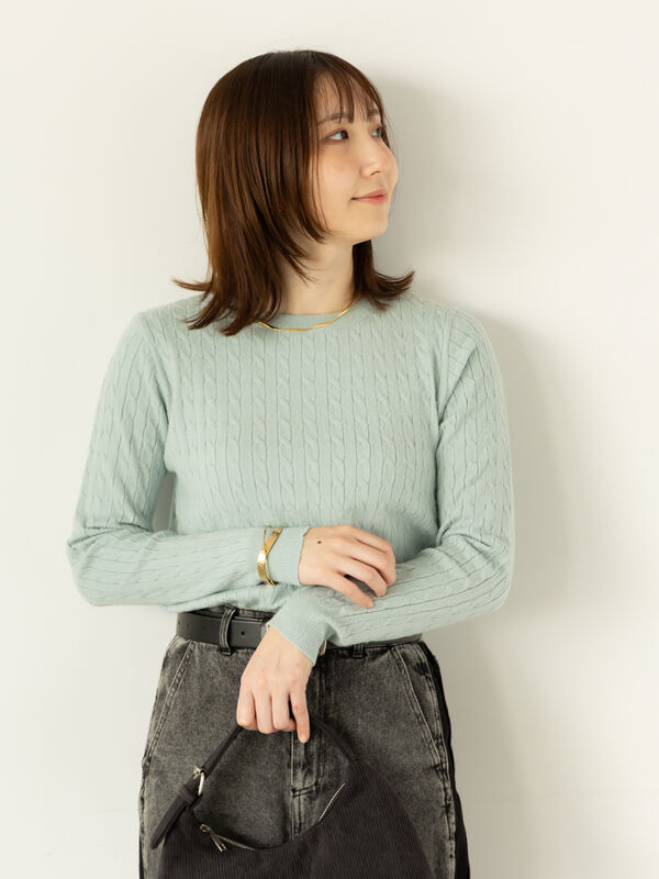 もちもちケーブルクルーネックニット（ピンク/ベージュ/ブルー