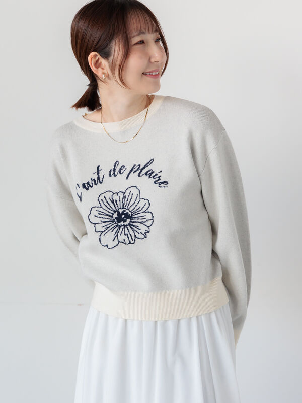 セール】 フラワーモチーフロゴニット（オフホワイト/ブラック/ピンク