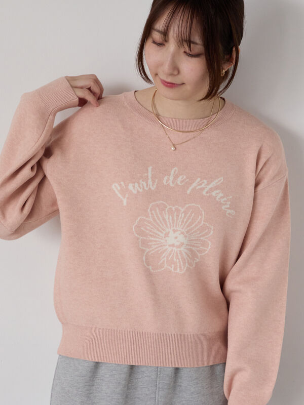 セール】 フラワーモチーフロゴニット（オフホワイト/ブラック/ピンク