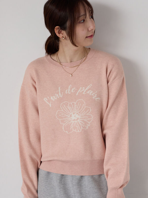 ちぃ　0808 セール】 フラワーモチーフロゴニット（オフホワイト/ブラック/ピンク