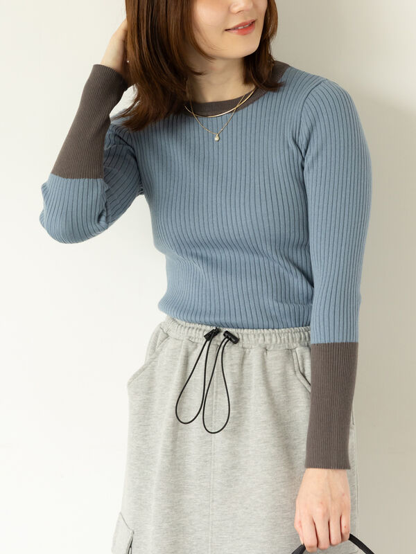 セール】 袖バイカラーリブニット（オフホワイト/ブラック/ブルー