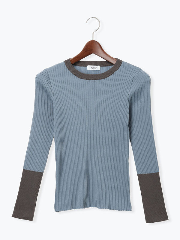 セール】 袖バイカラーリブニット（オフホワイト/ブラック/ブルー