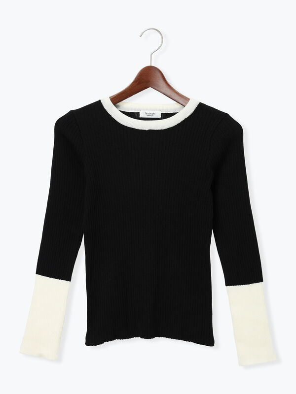 セール】 袖バイカラーリブニット（オフホワイト/ブラック/ブルー