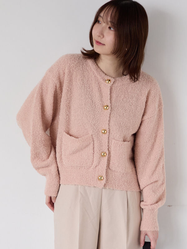 セール】 ブークレ金釦クルーネックカーディガン（グレー/ピンク