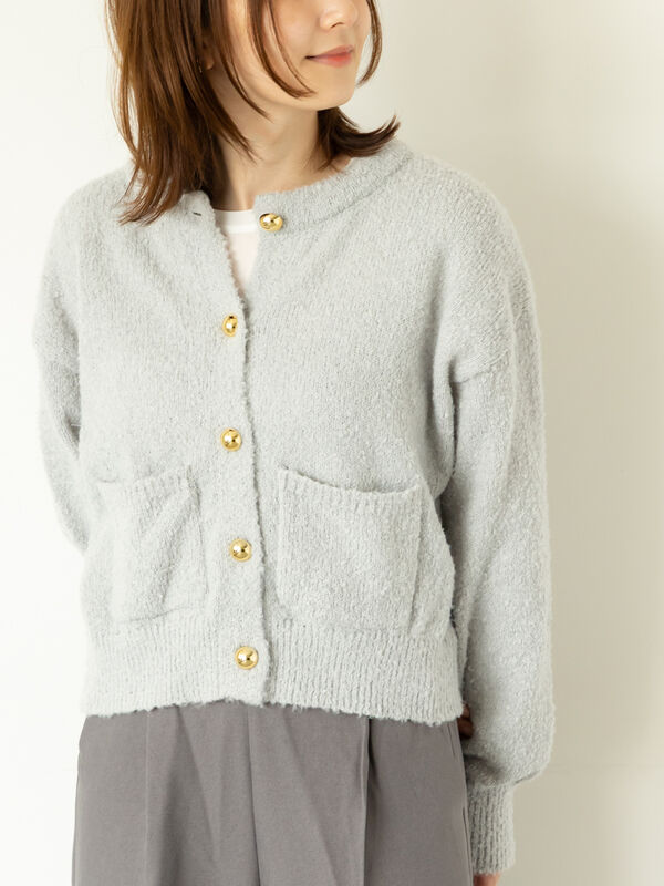 セール】 ブークレ金釦クルーネックカーディガン（グレー/ピンク