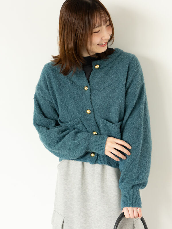 セール】 ブークレ金釦クルーネックカーディガン（グレー/ピンク