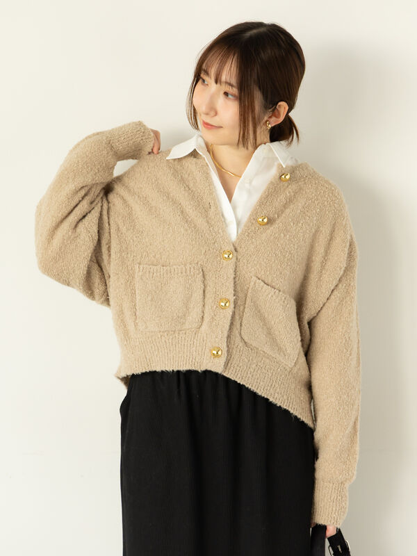 セール】 ブークレ金釦クルーネックカーディガン（グレー/ピンク