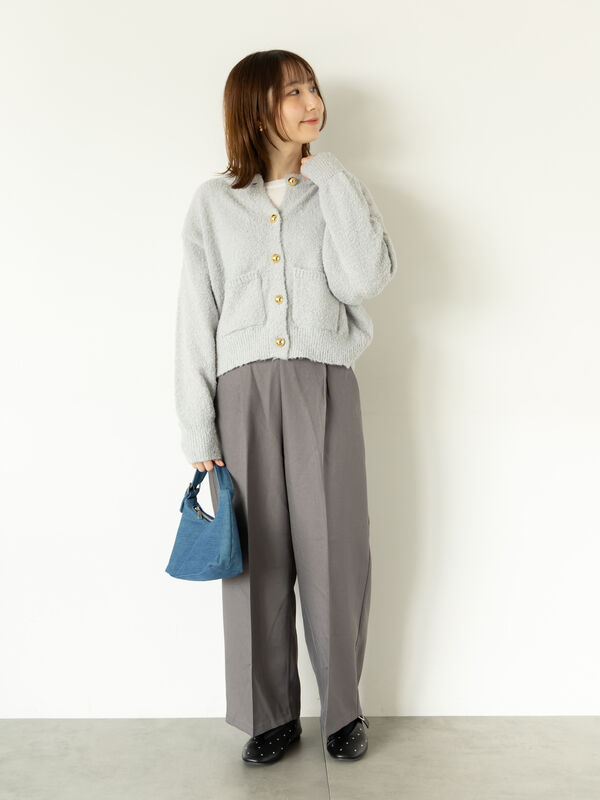 セール】 ブークレ金釦クルーネックカーディガン（グレー/ピンク