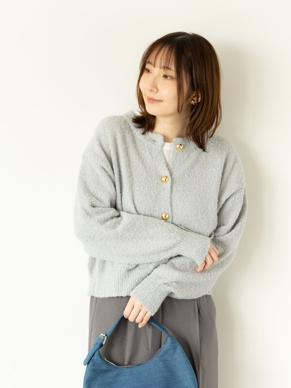 セール】 ブークレ金釦クルーネックカーディガン（グレー/ピンク
