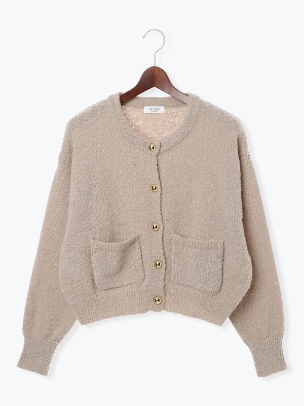 セール】 ブークレ金釦クルーネックカーディガン（グレー/ピンク