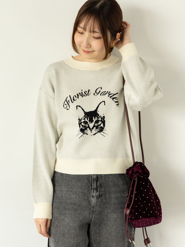 猫モチーフロゴニット（オフホワイト/グレー/チャコールグレー