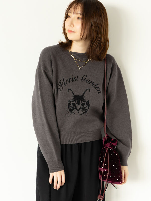 セール】 猫モチーフロゴニット（オフホワイト/グレー