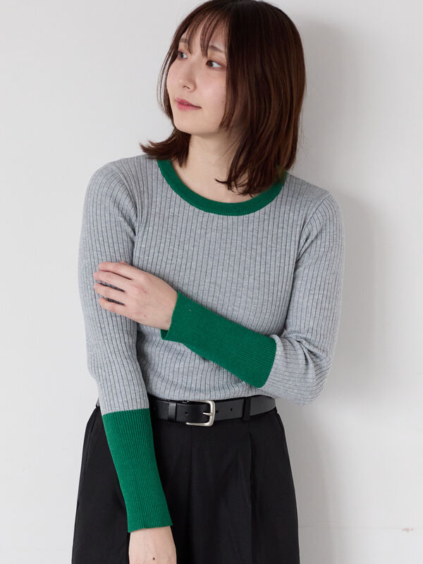 セール】 袖バイカラーリブニット（オフホワイト/グレー/ブラック