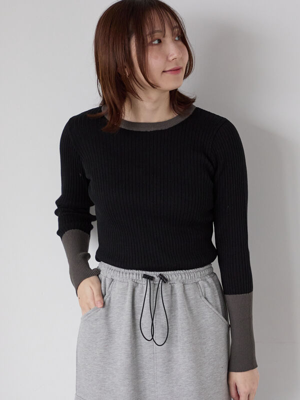 セール】 袖バイカラーリブニット（オフホワイト/グレー/ブラック