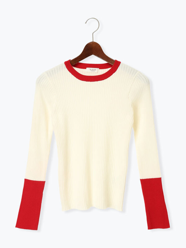 セール】 袖バイカラーリブニット（オフホワイト/グレー/ブラック