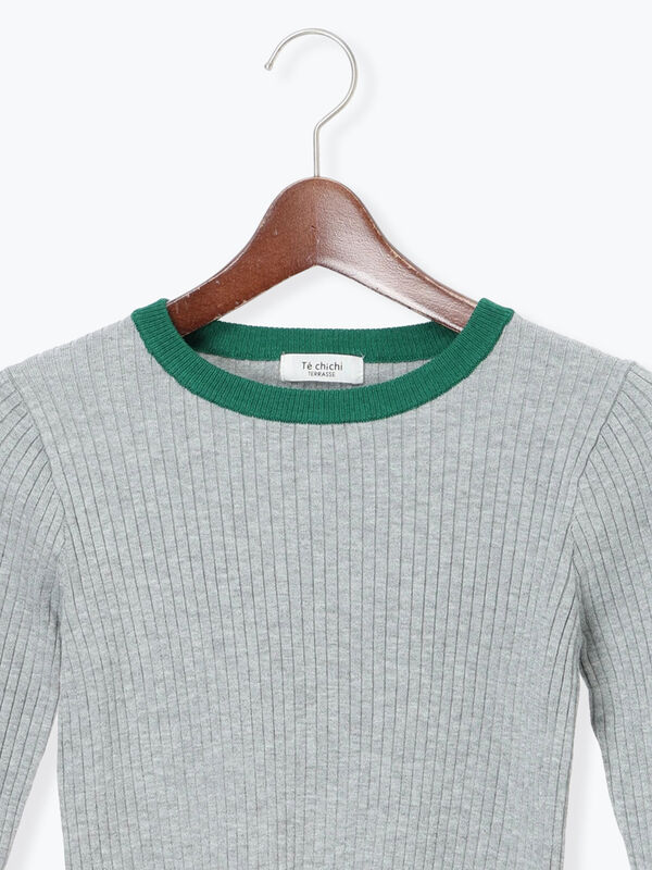 セール】 袖バイカラーリブニット（オフホワイト/グレー/ブラック