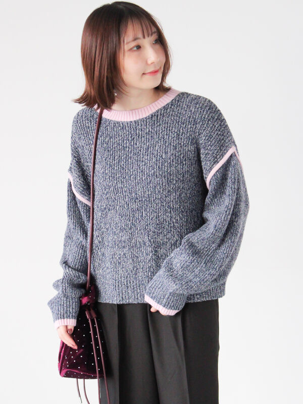 セール】 片畦配色クロップドモックネックニットプルオーバー（オフ