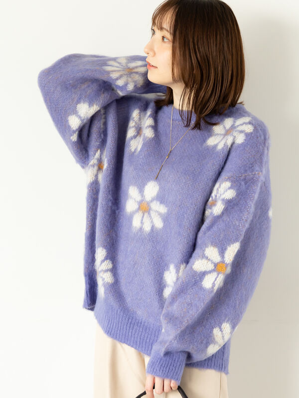 花 様 セール】 起毛花柄ジャカードニットプルオーバー（グレー/ブラック
