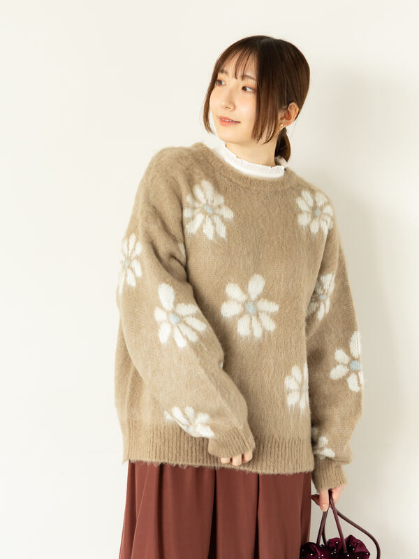 花 様 セール】 起毛花柄ジャカードニットプルオーバー（グレー/ブラック