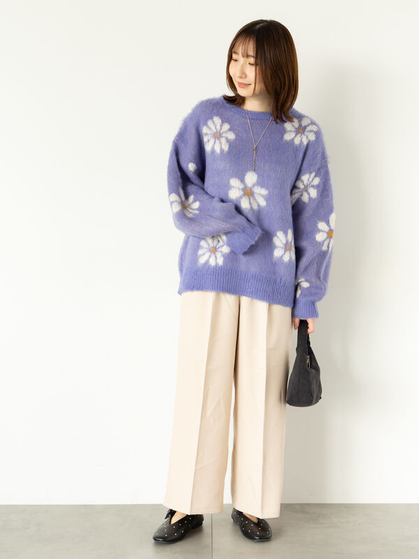 セール】 起毛花柄ジャカードニットプルオーバー（グレー/ブラック
